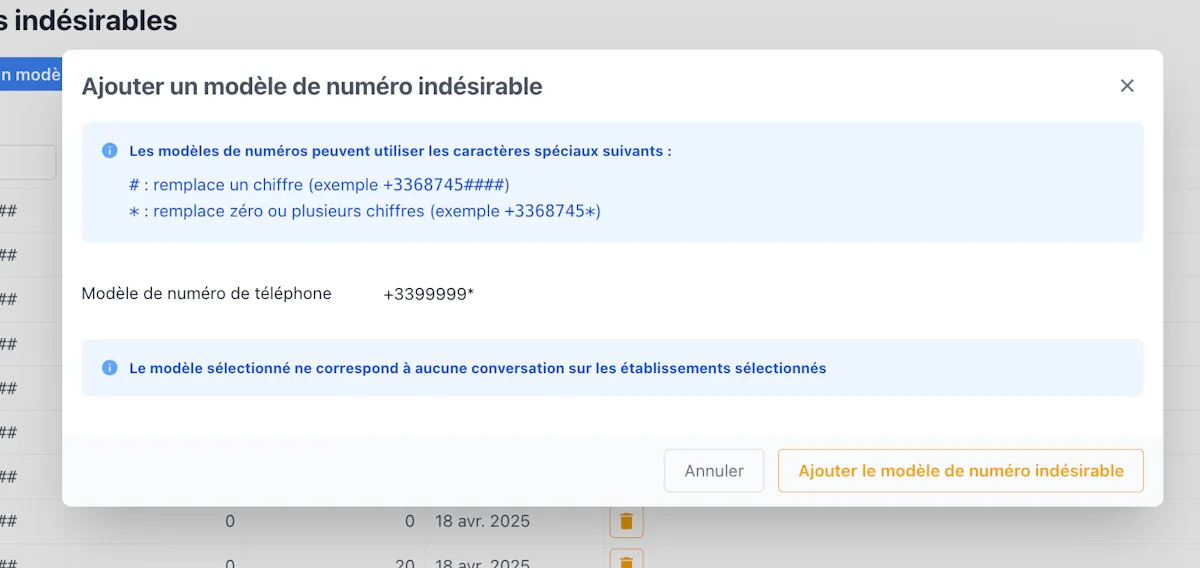 Ajout d’un modèle de numéro indésirable